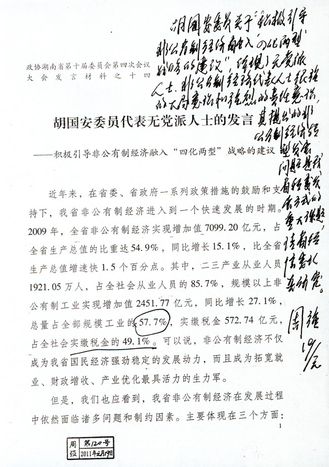胡國安委員代表無黨派人士的發(fā)言——積極引導非公有制經濟融入“四化兩型”戰(zhàn)略的建議